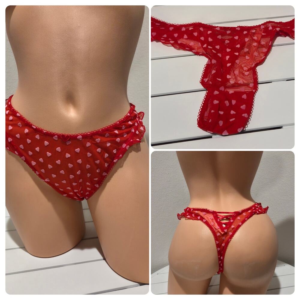 Victoria's Secret Tease Sheer Hi-Leg Thong Panty Ruffle Hearts Print Red 6/M